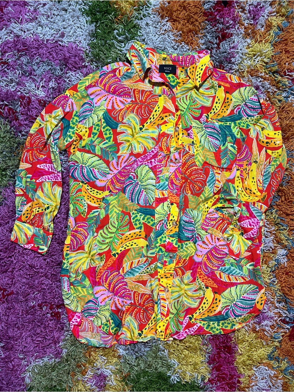 VICI Bright Tropical Leaf Button-Up Shirt - Yellow Pink Green Red